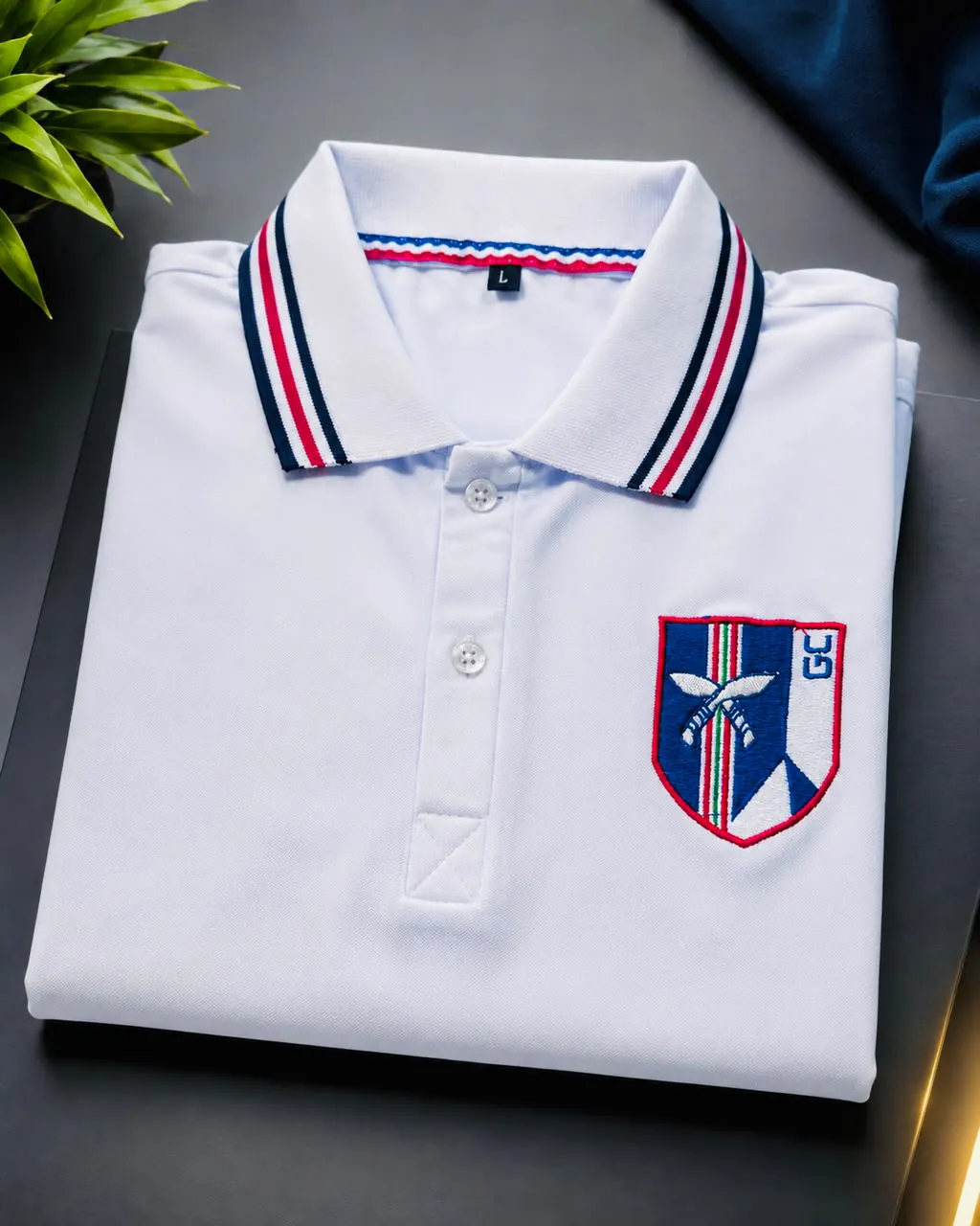 Folded white polo with a red, navy and white striped collar and an embroidered shield marked GC