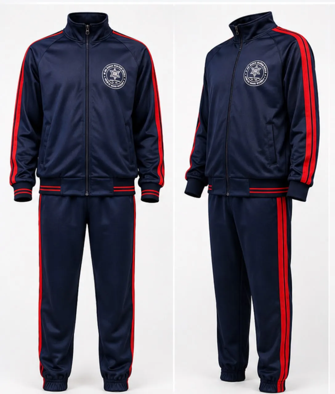 Navy zip tracksuit with red sleeve and leg stripes shown from the front and at an angle