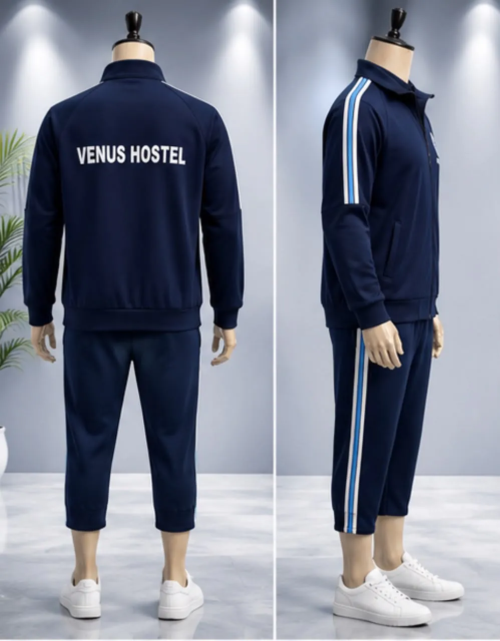 Rear and side views of a navy Venus hostel tracksuit with light blue and white side stripes