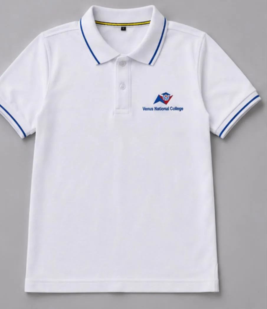 White Venus National College polo with blue piping around the collar and sleeve cuffs