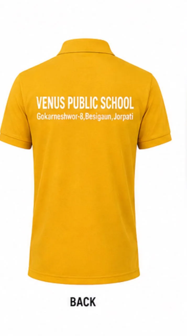 Back view of a mustard-yellow polo printed with the Venus Public School name and address